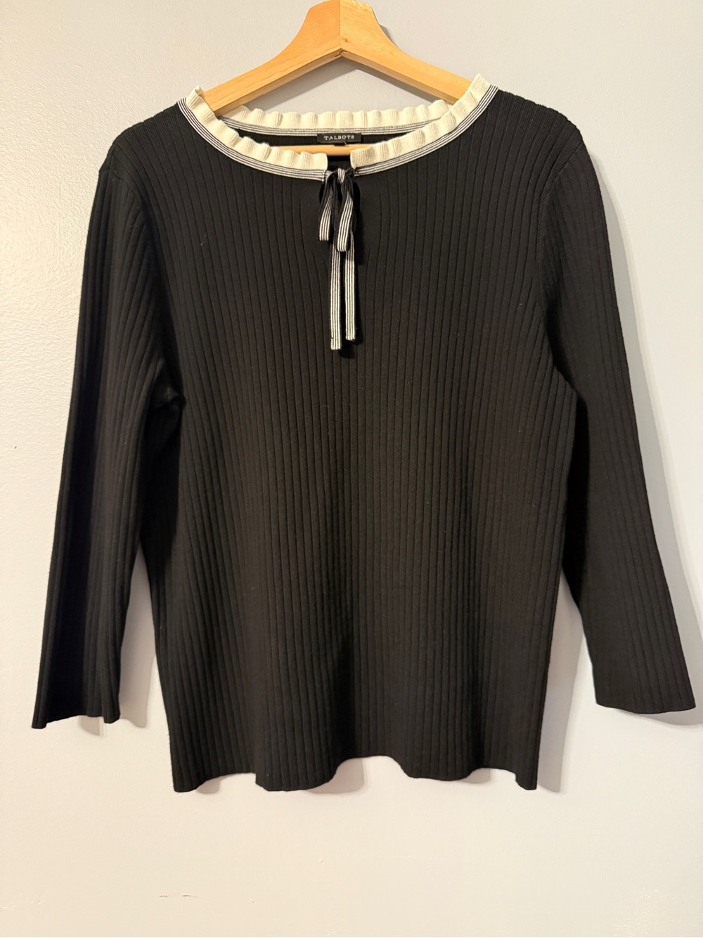 Talbots Black Ribbed Long Sleeve Top with Cream Trim and Tie